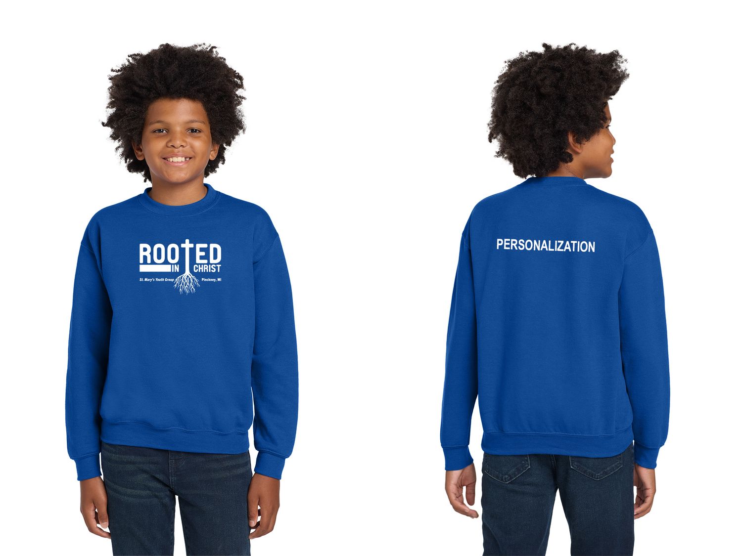 Youth Cotton Crewneck Sweatshirt- Royal, White Youth Cotton Crewneck Sweatshirt- Royal, White