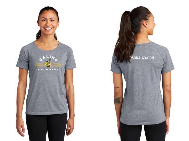 Ladies Tri-Blend Wicking Scoop Neck Raglan Tee-Navy Heather/White/Light Grey Heather
