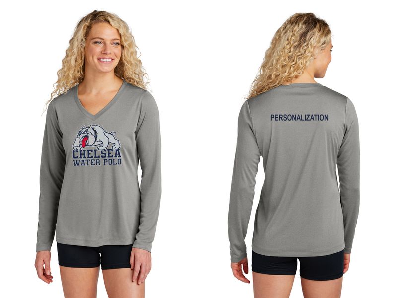 Ladies Long Sleeve Performance Tee- Concrete, Navy