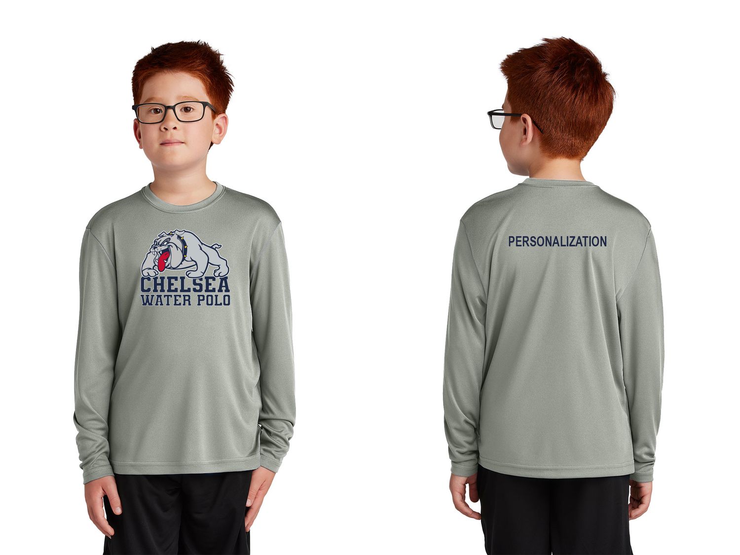 Youth Long Sleeve Performance Tee- Concrete, Navy