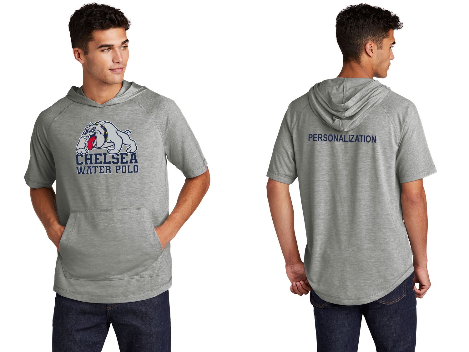 Sport-Tek PosiCharge Tri-Blend Wicking Short Sleeve Hoodie-Light Grey Heather, Navy Heather