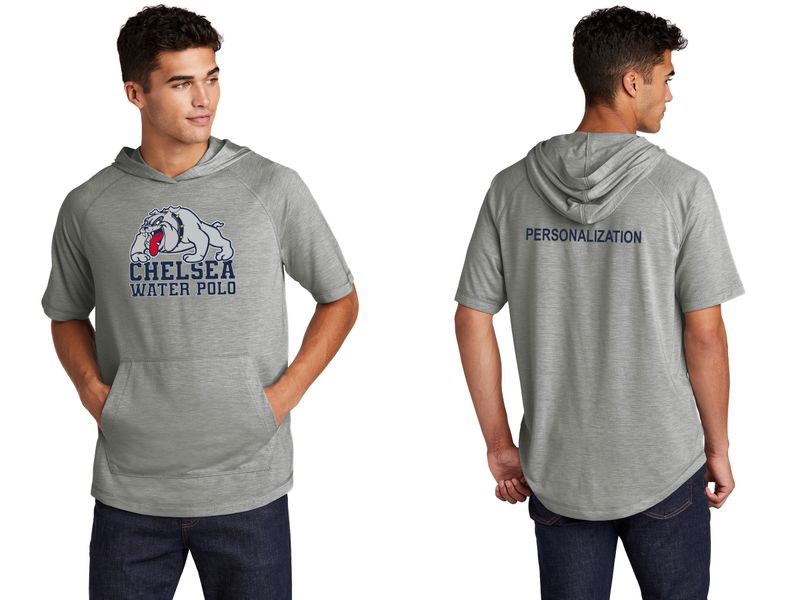 Sport-Tek PosiCharge Tri-Blend Wicking Short Sleeve Hoodie-Light Grey Heather, Navy Heather