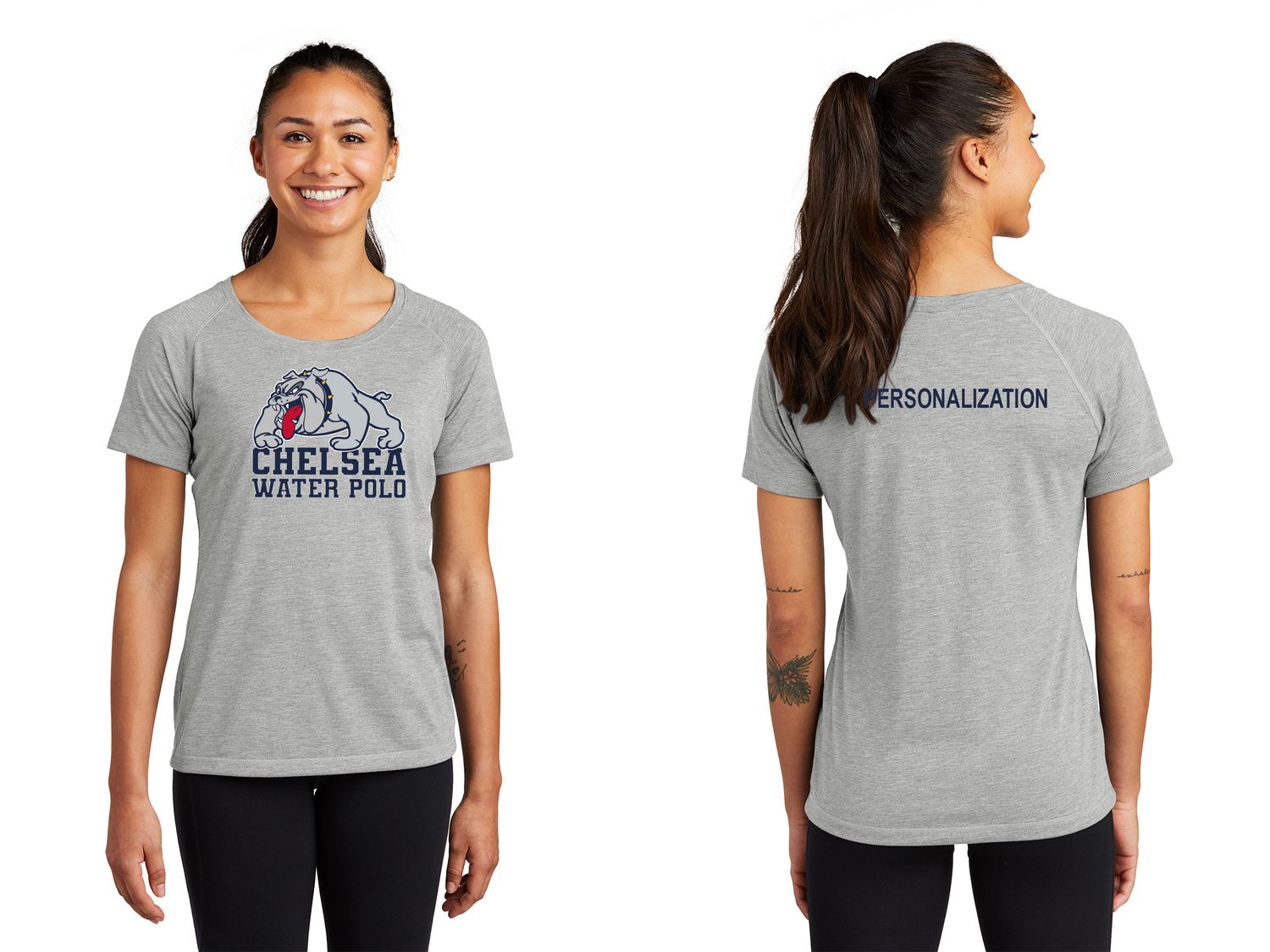 Ladies Tri-Blend Wicking Scoop Neck Raglan Tee-Grey Heather, Navy Heather