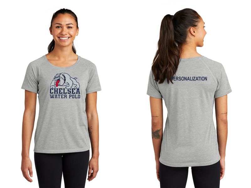 Ladies Tri-Blend Wicking Scoop Neck Raglan Tee-Grey Heather, Navy Heather