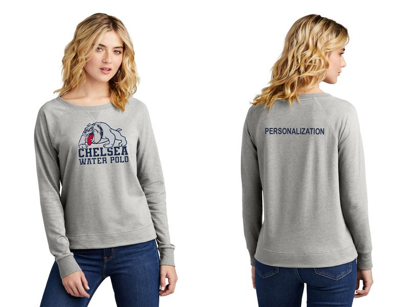 District Women’s Featherweight French Terry Long Sleeve Crewneck- Light Grey, Flint Blue