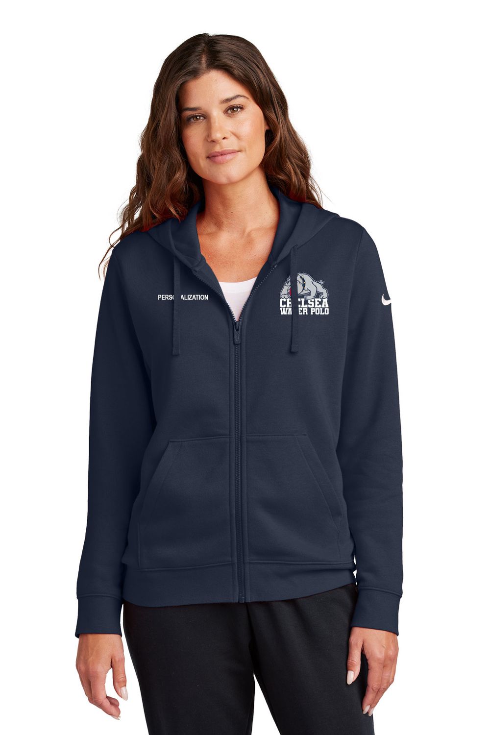 Nike Ladies Club Fleece Sleeve Swoosh Full-Zip Hoodie- Navy, Grey