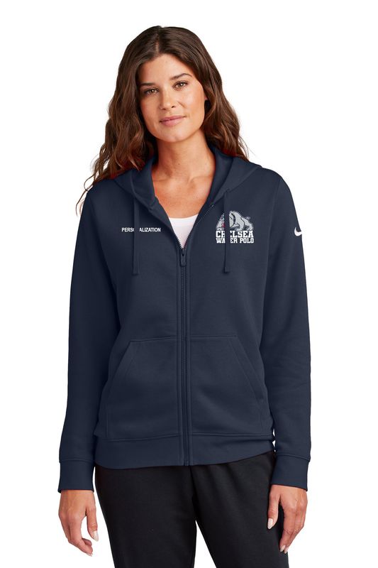 Nike Ladies Club Fleece Sleeve Swoosh Full-Zip Hoodie- Navy, Grey