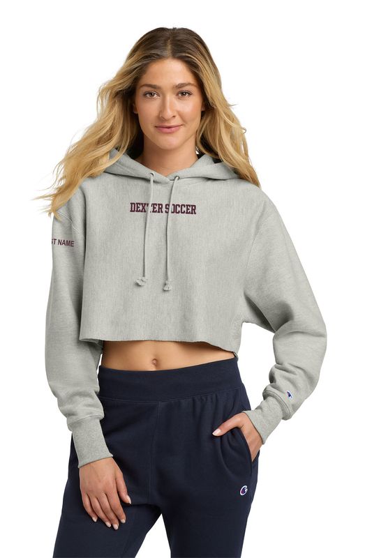 Champion Women’s Reverse Weave Cropped Cut-Off Hooded Sweatshirt- Oxford Grey (embroidered)