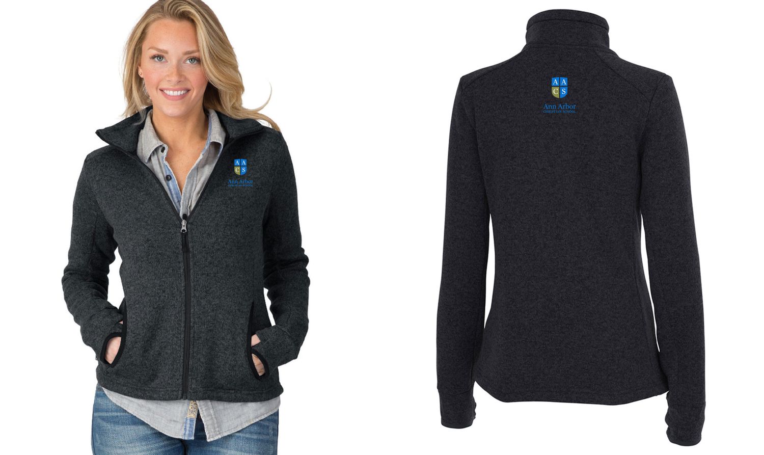Womens Heathered Fleece Jacket- Black Heather, Blue Heather, Light Grey Heather, Navy Heather