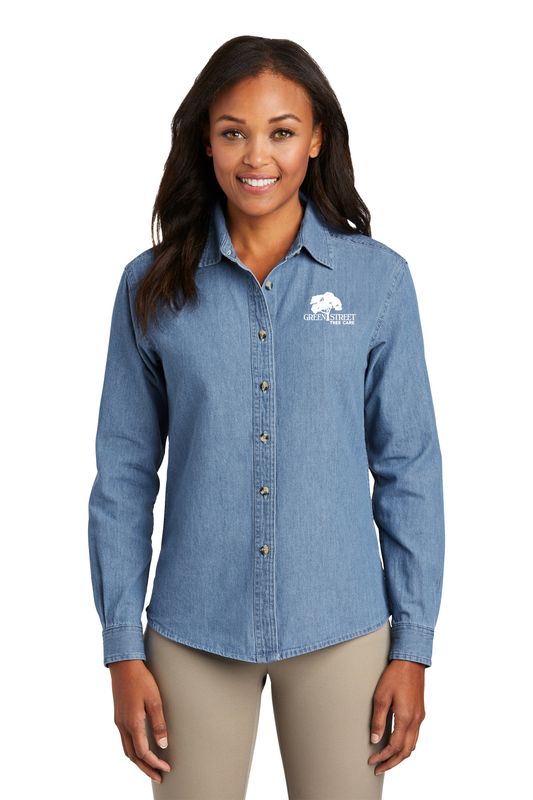 Port &amp; Company Women&#39;s Long Sleeve Denim Shirt- Faded Blue, Ink Blue