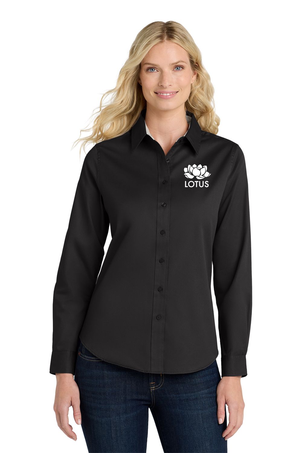 Ladies Long Sleeve Easy Care Button-Up - Black, Steel Grey, Clover Green