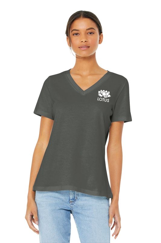 Women’s BELLA+CANVAS Relaxed Jersey Short Sleeve V-Neck Tee- Black, Navy, Asphalt (Front logo only)