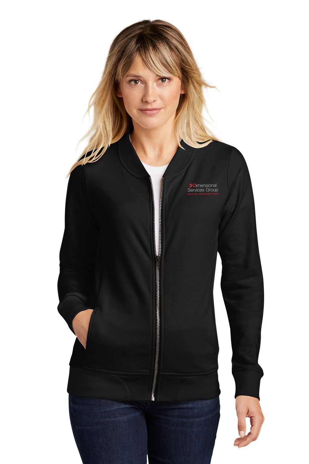 Ladies Lightweight French Terry Bomber- Black, Heather Black