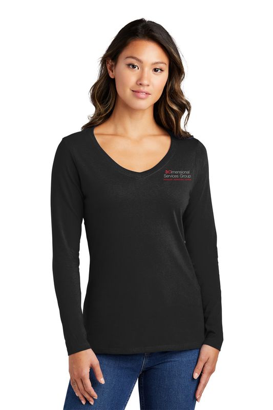 Ladies V-Neck Long Sleeve Cotton Tee- Black, Heather Grey, Navy