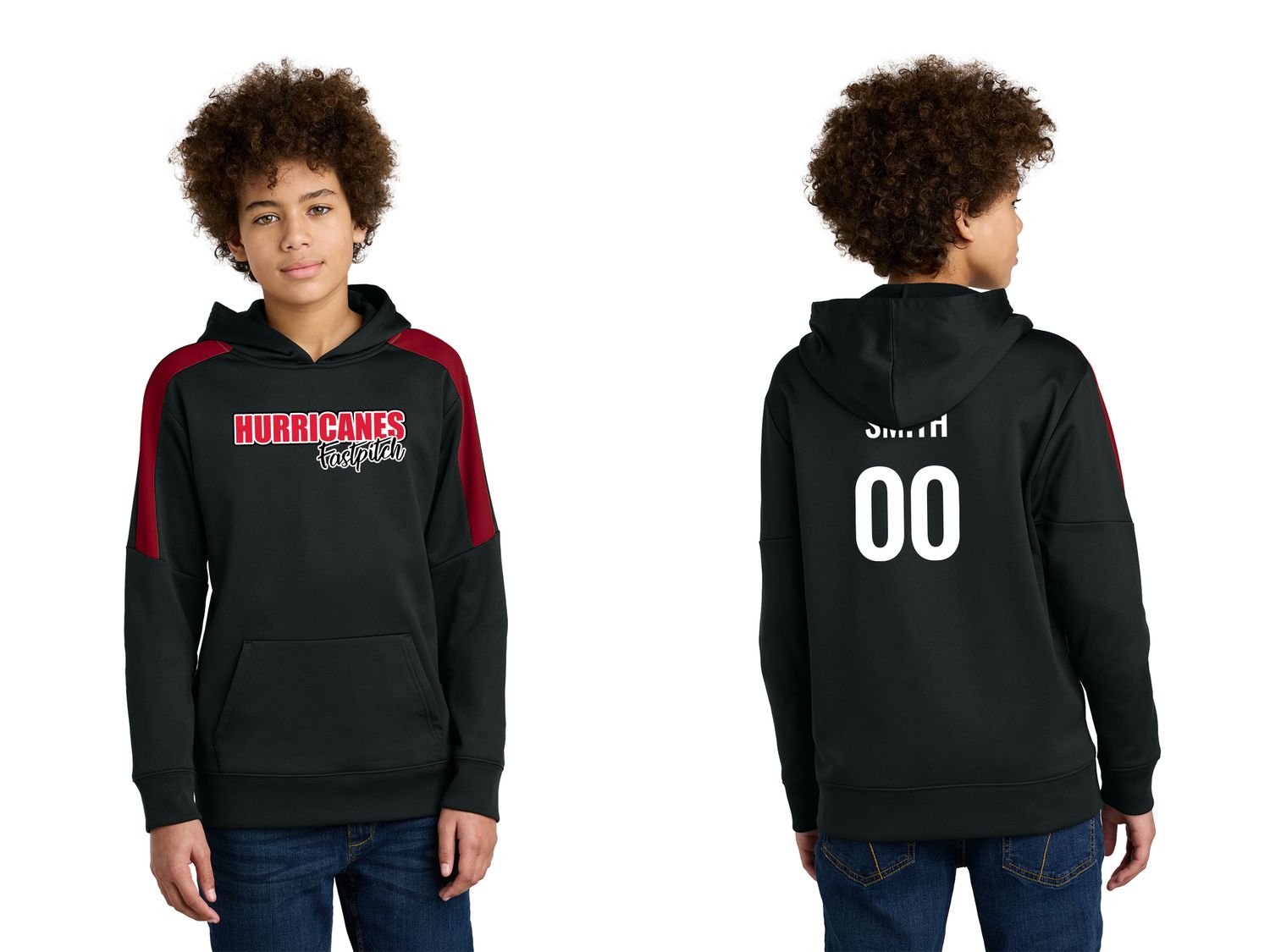 Sport-Tek Youth Sport-Wick Fleece United Pullover Hoodie- Black/Red, Grey/White