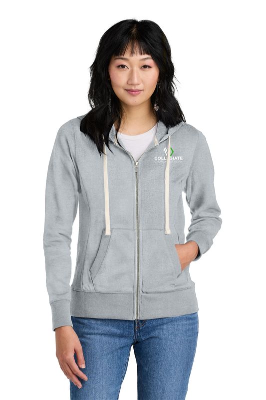 District Women's Re-Fleece Full-Zip Hoodie-Black, Light Heather Grey
