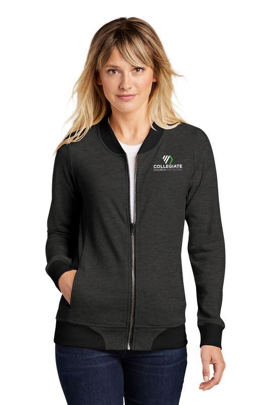 Ladies Lightweight French Terry Bomber- Black, Heather Black, Ecru