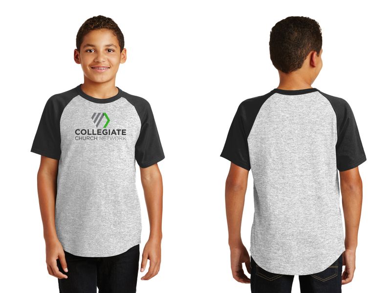 Youth Short Sleeve Baseball Tee - White/Black, Heather Grey/Black
