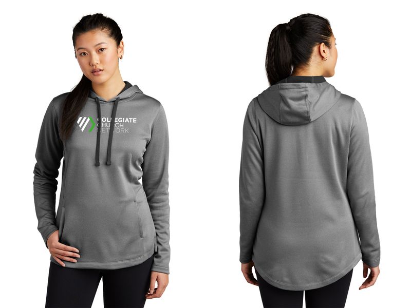 Ladies Sport-Tek Heather Fleece Hooded Pullover-Black Heather, Dark Silver Heather