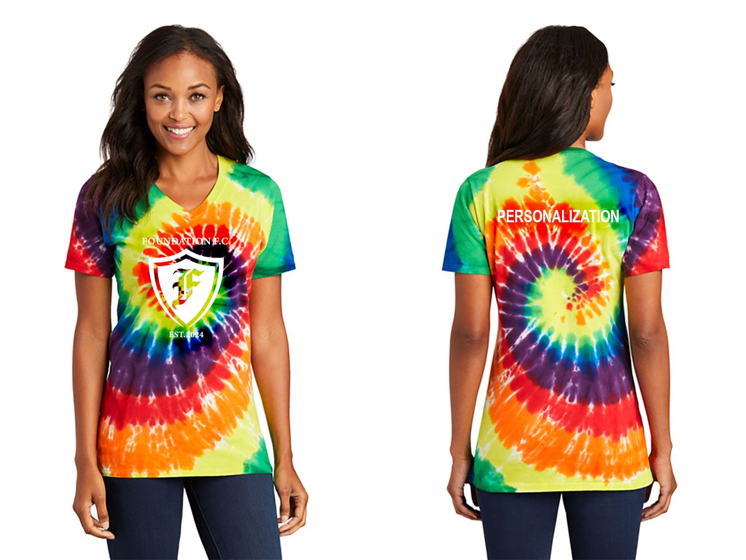 NEW Port & Company Women's Tie-Dye V-Neck Tee- Rainbow