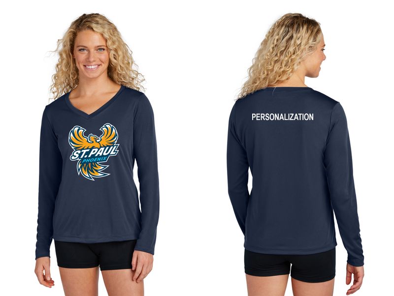 Ladies Long Sleeve Performance Tee- Navy, Dark Grey