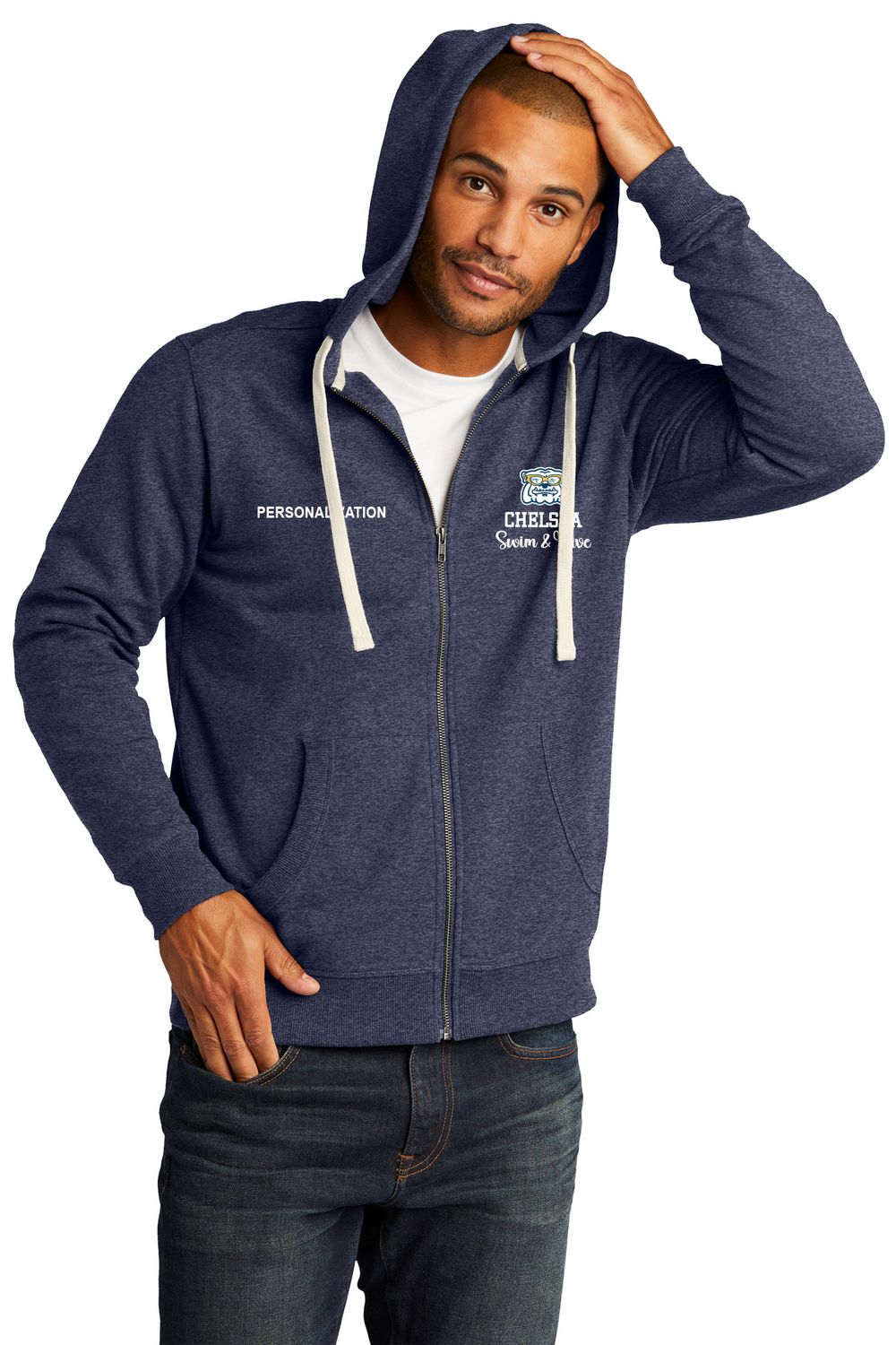 Adult Fleece Full Zip Hoodie- Navy, Light Grey