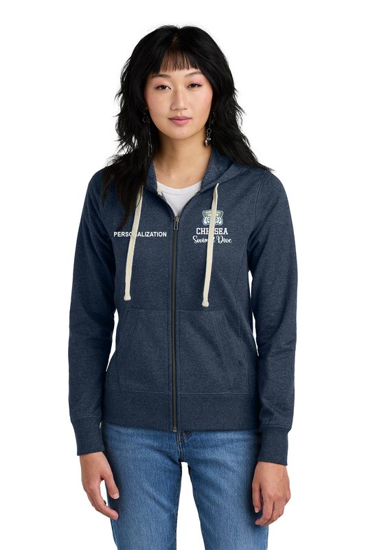 District Women's Re-Fleece Full-Zip Hoodie-Navy, Light Grey