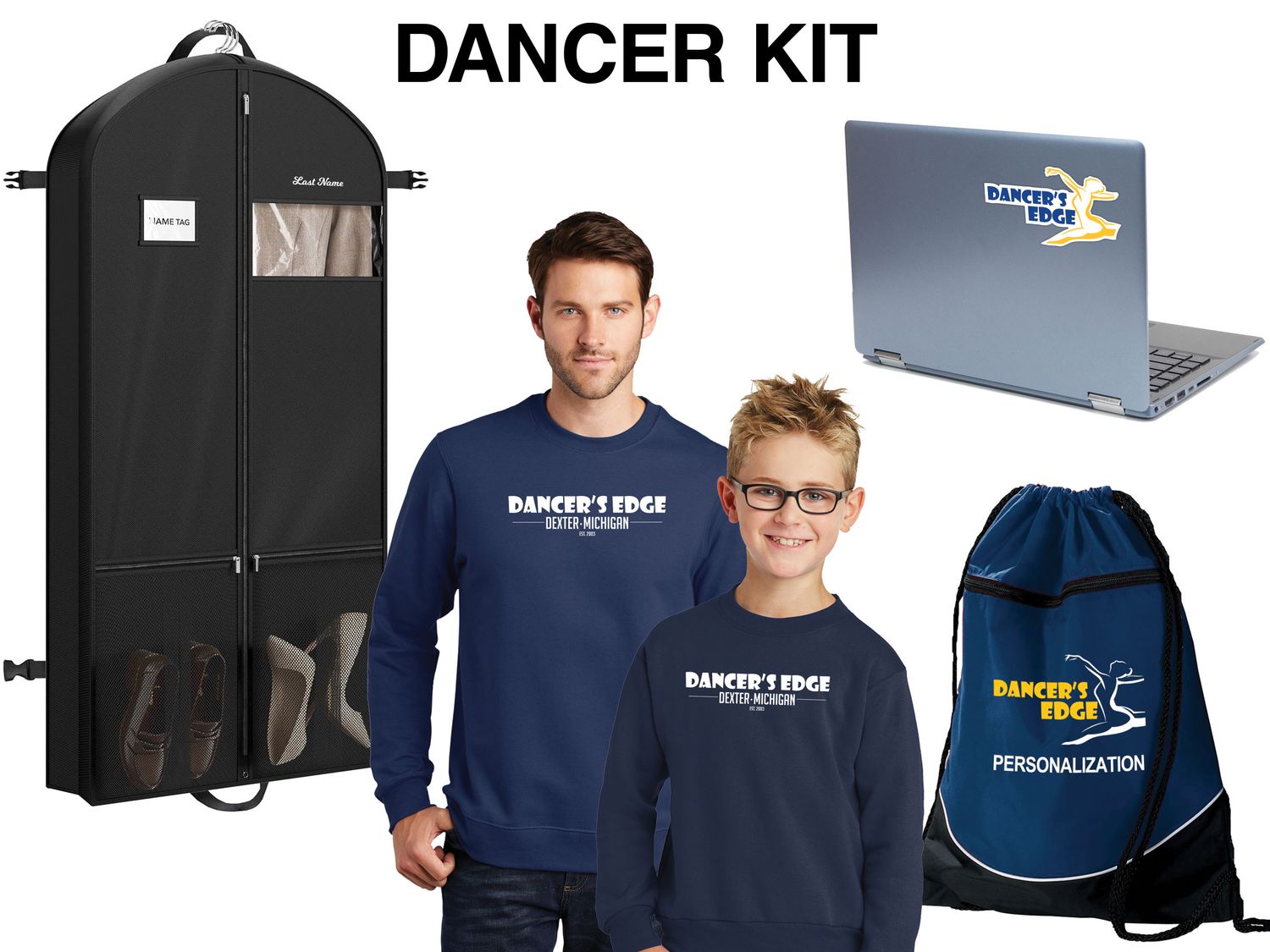 Dancer's Edge Dancer Kit: Includes Hooded Sweatshirt (Youth sizes available), Drawstring Backpack, Garment Bag, Decal
