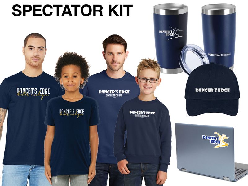 Dancer's Edge Spectator Kit: Includes Crewneck Sweatshirt (Youth sizes available), Short Sleeve T-Shirt, Travel Cup, Twill Ballcap, Decal