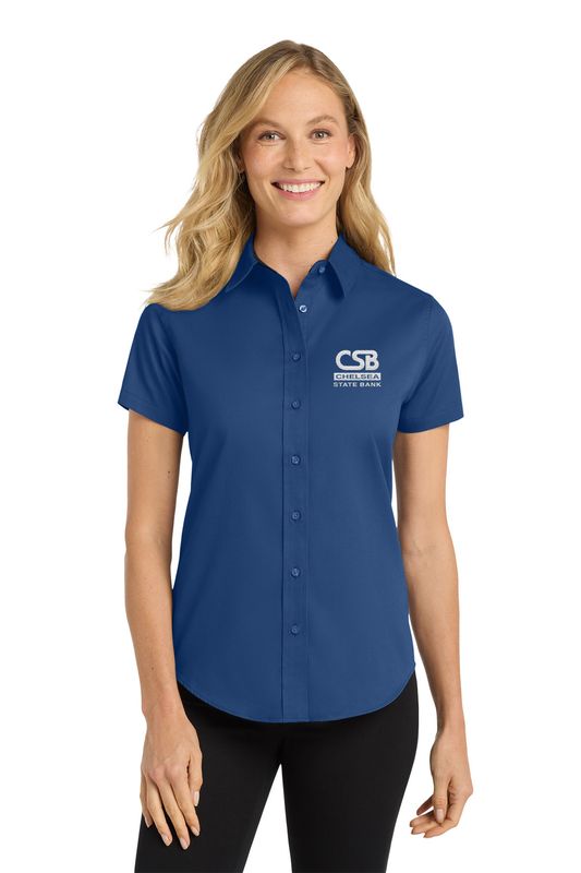 Ladies Short Sleeve Easy Care Button Up - Black, Royal, Steel Grey