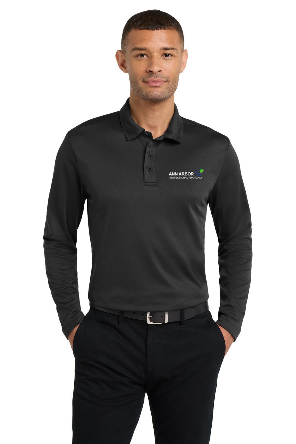 Men's Silk Touch Performance Long Sleeve Polo- Black, Grey Men's Silk Touch Performance Long Sleeve Polo- Black, Grey