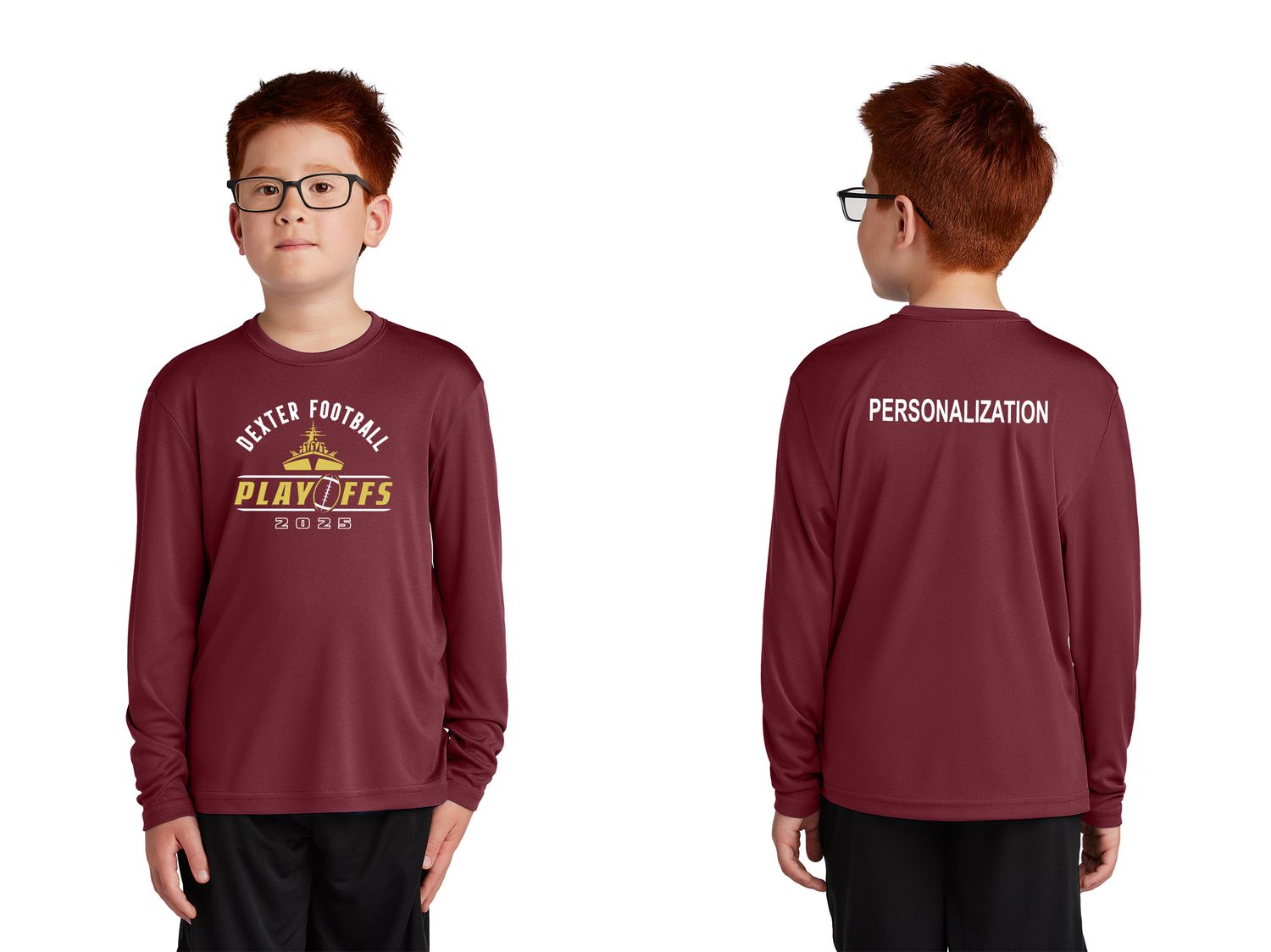Youth Long Sleeve Performance Tee- Maroon, Black Youth Long Sleeve Performance Tee- Maroon, Black