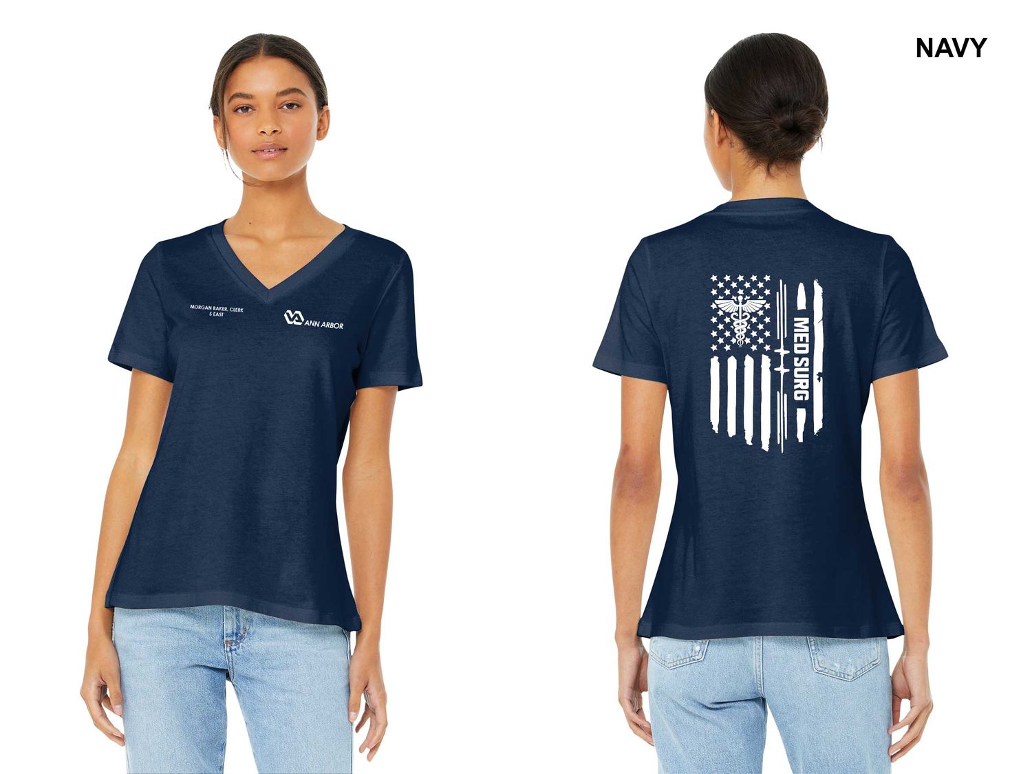 BELLA+CANVAS Women’s Relaxed Jersey Short Sleeve V-Neck Tee (FLAG LOGO)- Navy/ Red/ White