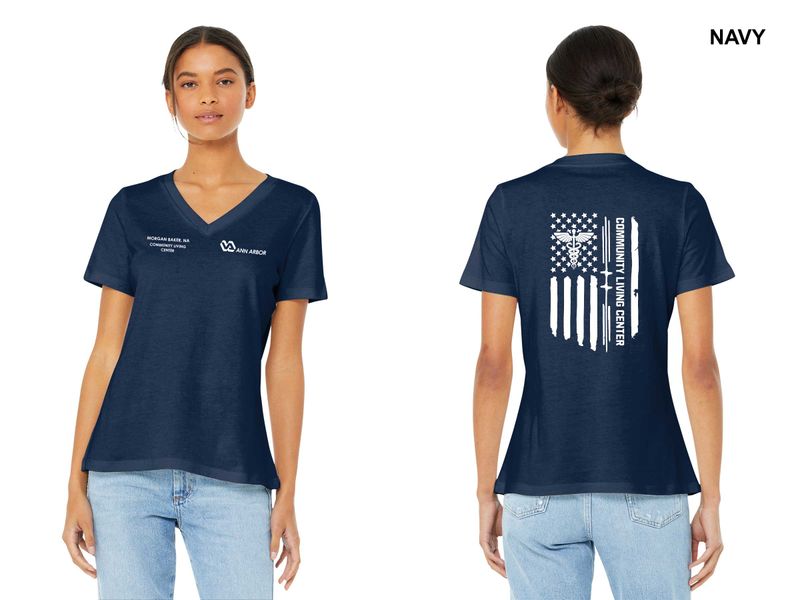 BELLA+CANVAS Women’s Relaxed Jersey Short Sleeve V-Neck Tee (FLAG LOGO)- Navy/ Red/ White