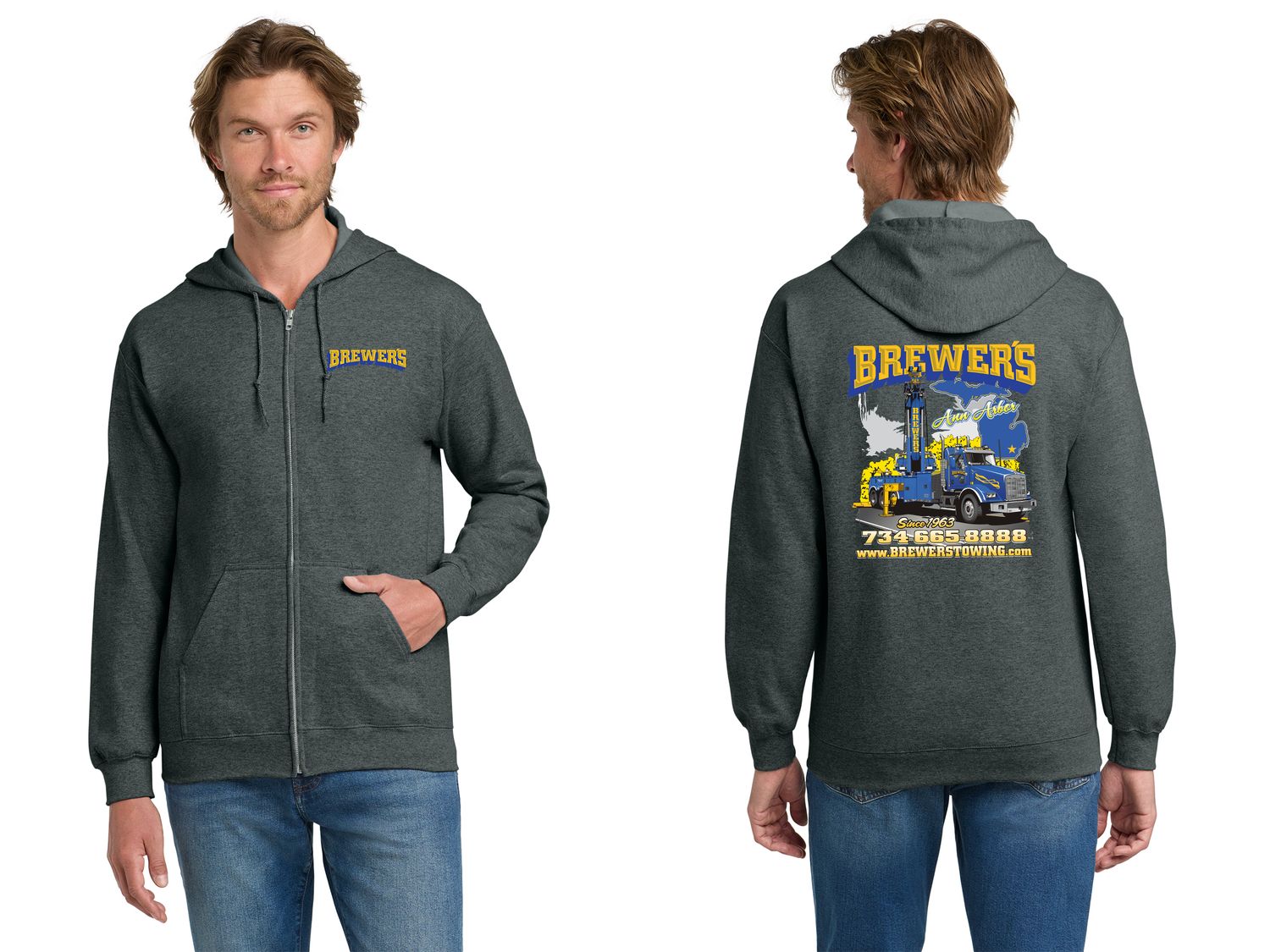 Adult Heavy Cotton Full Zip Hood - Navy, Dark Heather Grey