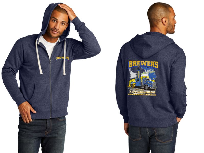 Unisex District Re-Fleece Full-Zip Hoodie- True Navy, Charcoal Heather
