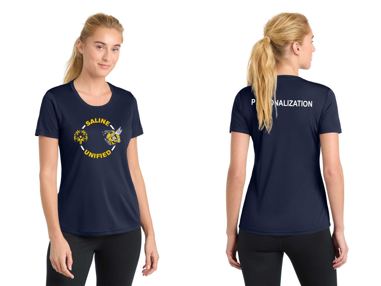 Ladies Short Sleeve Performance Tee- Navy, Gold