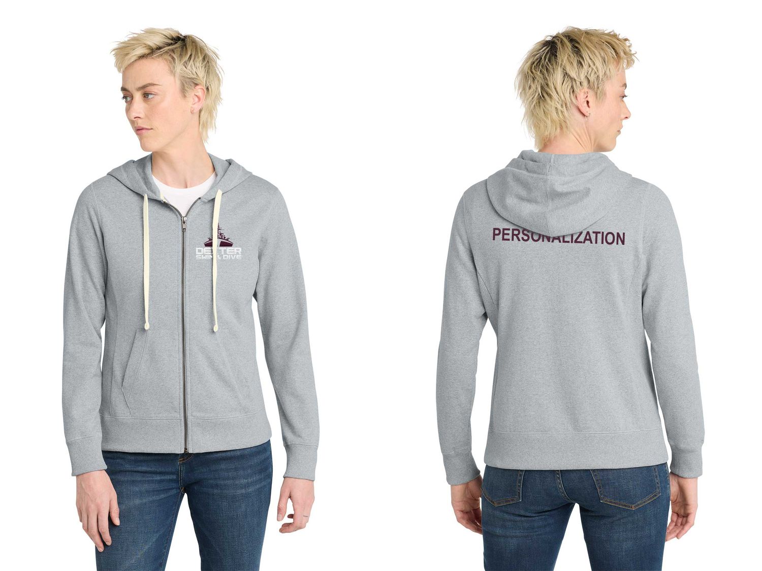 District Women's Re-Fleece Full-Zip Hoodie-Maroon, Light Grey