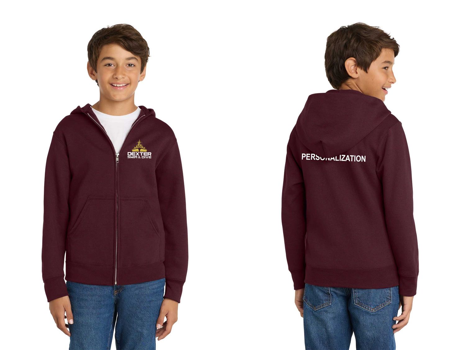 Youth Fleece Full-Zip Hooded Sweatshirt- Athletic Grey, Maroon
