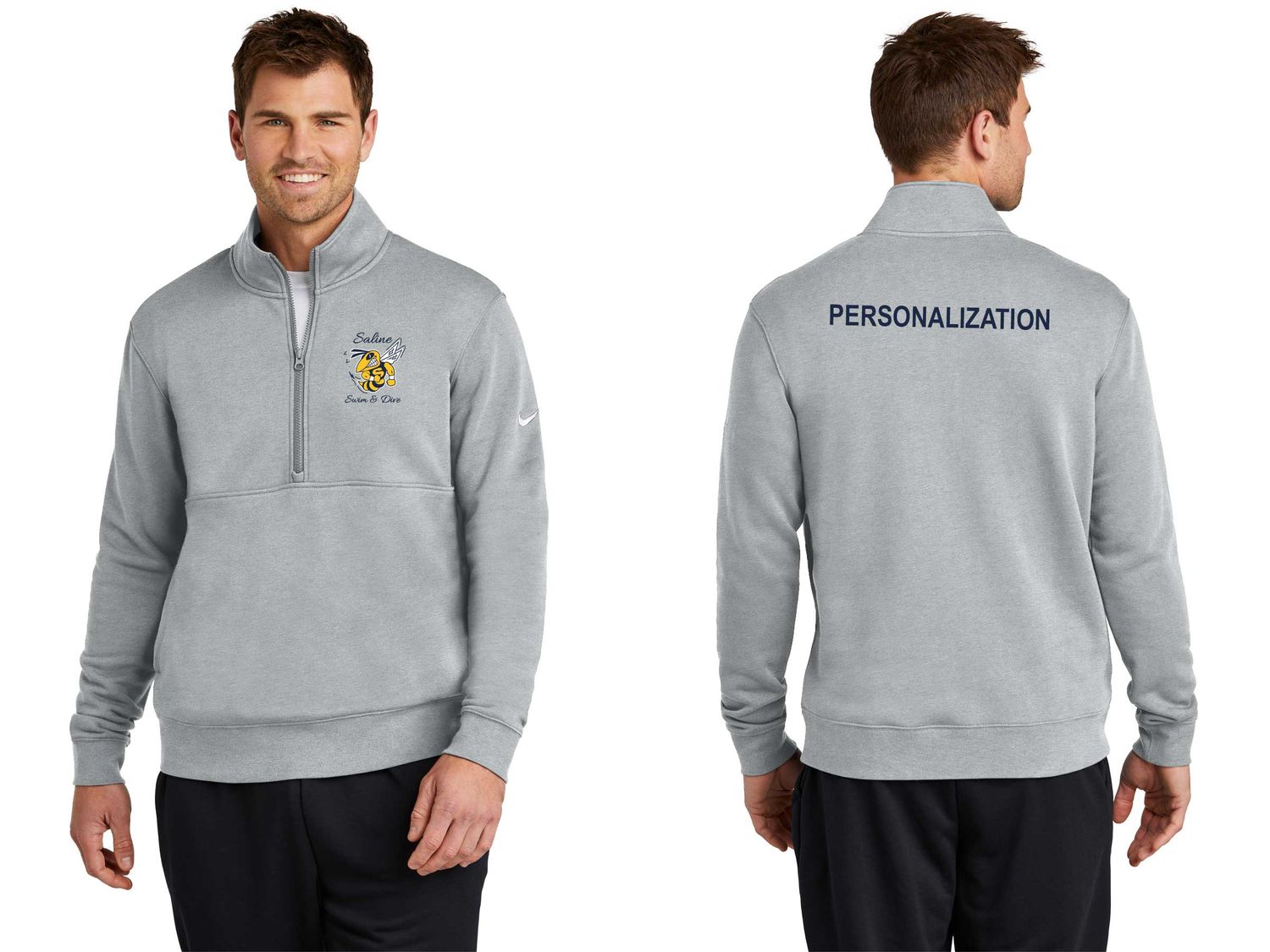 Nike Club Fleece Sleeve Swoosh 1/2-Zip- Dark Grey Heather, Navy, White SCRIPT LOGO