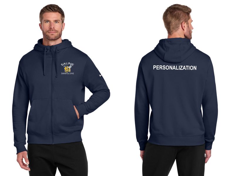 Nike Club Fleece Sleeve Swoosh Full-Zip Hoodie-Dark Grey Heather, White, Navy ARCHED LOGO