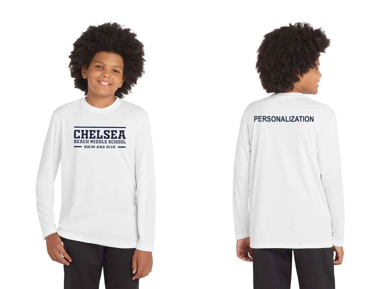 Youth Long Sleeve Performance Tee-Navy, Silver, White Youth Long Sleeve Performance Tee-Navy, Silver, White