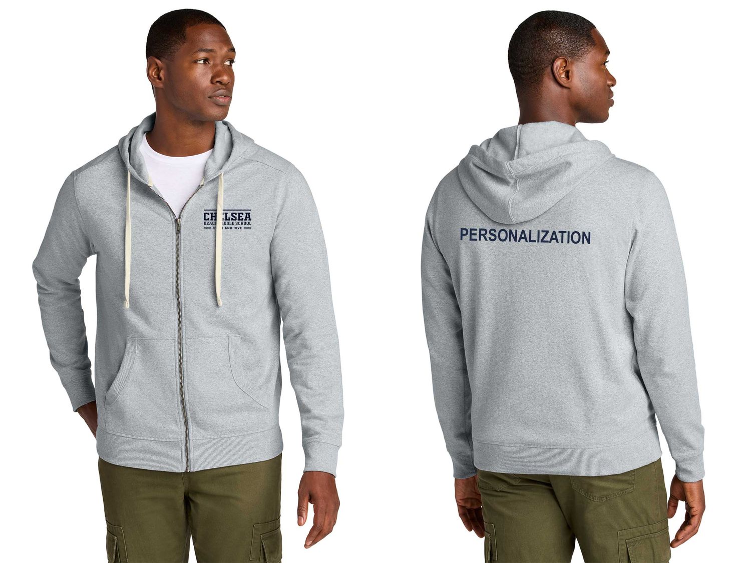 Adult Fleece Full Zip Hoodie- Navy, Light Grey