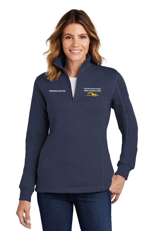 Ladies 1/4 Zip Sweatshirt- Navy, White, Athletic Heather