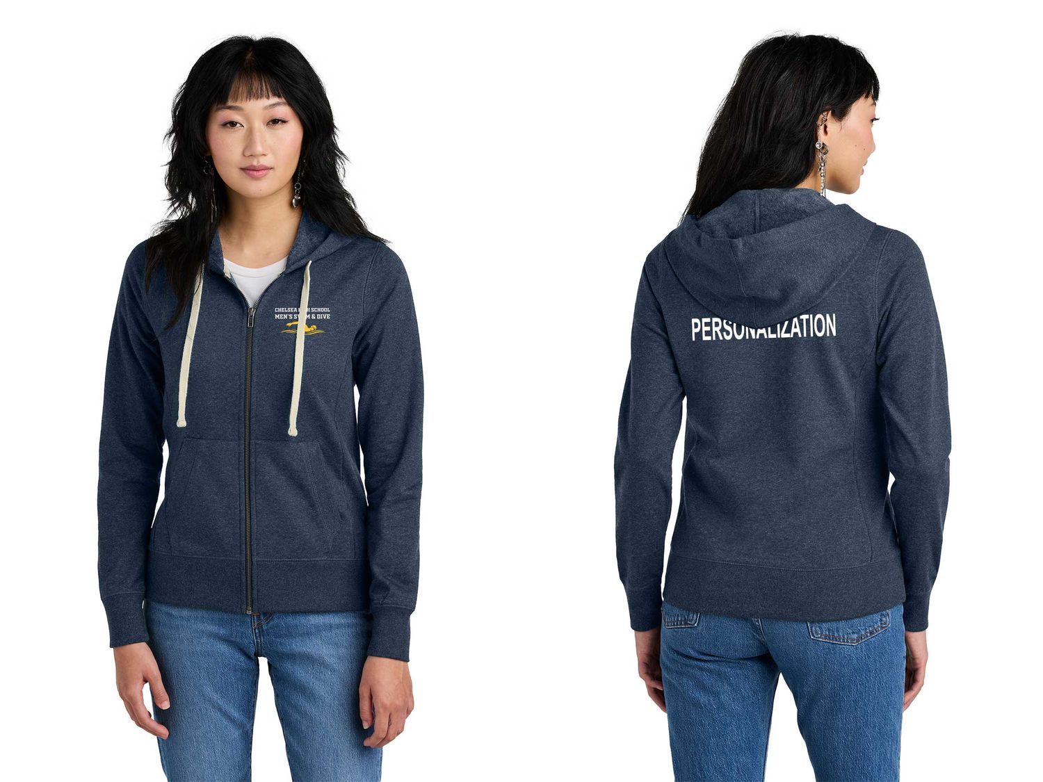 District Women's Re-Fleece Full-Zip Hoodie-Navy, Light Grey