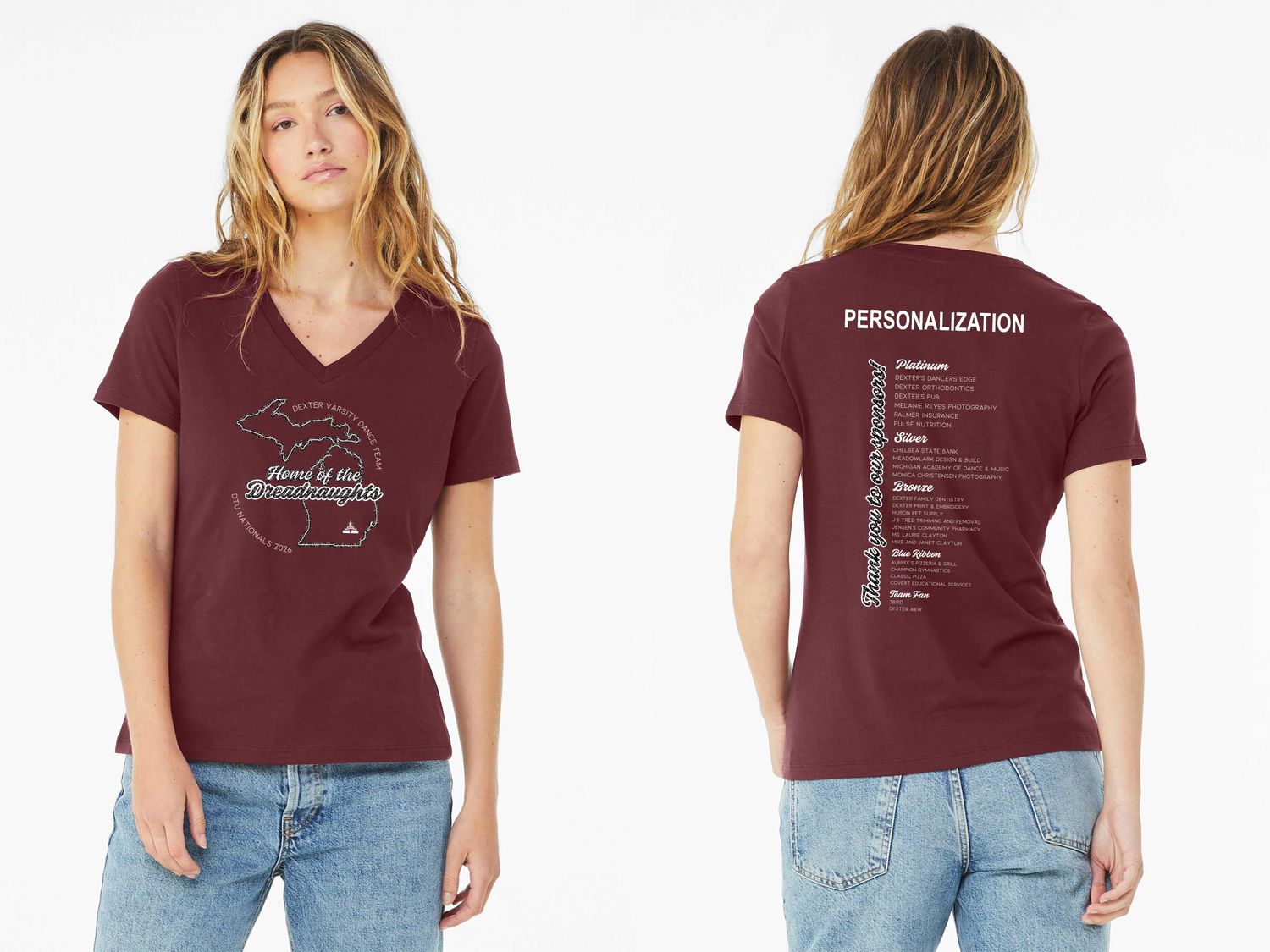 Women’s Bella & Canvas Relaxed Jersey Short Sleeve V-Neck Tee with GLITTER- Maroon