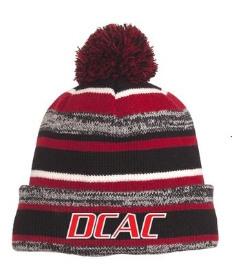 Acrylic Knit Striped Pom Beanie - Red/White/Grey/Black