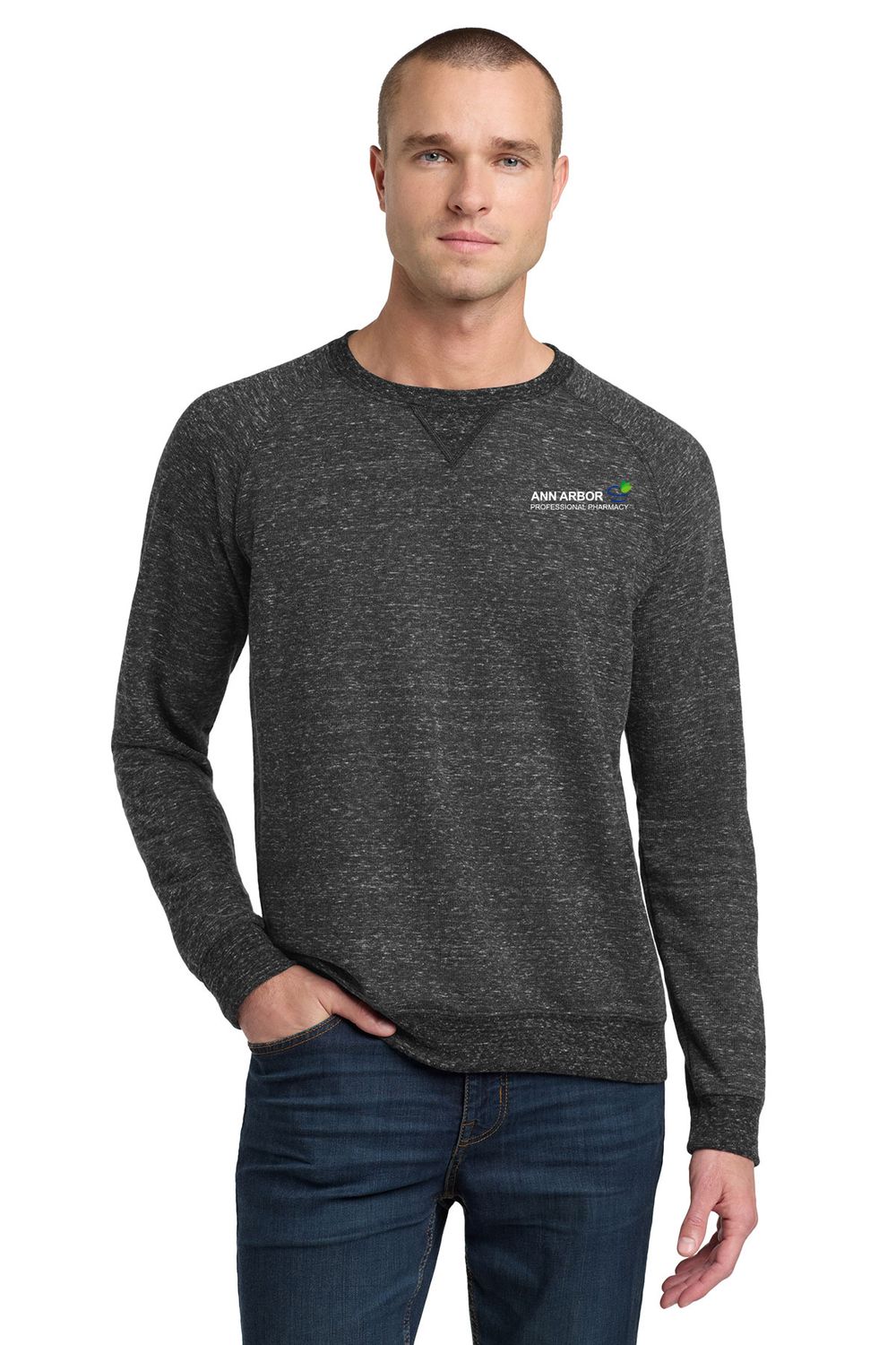 Unisex Snow Heather French Terry Raglan Crew-Black Ink