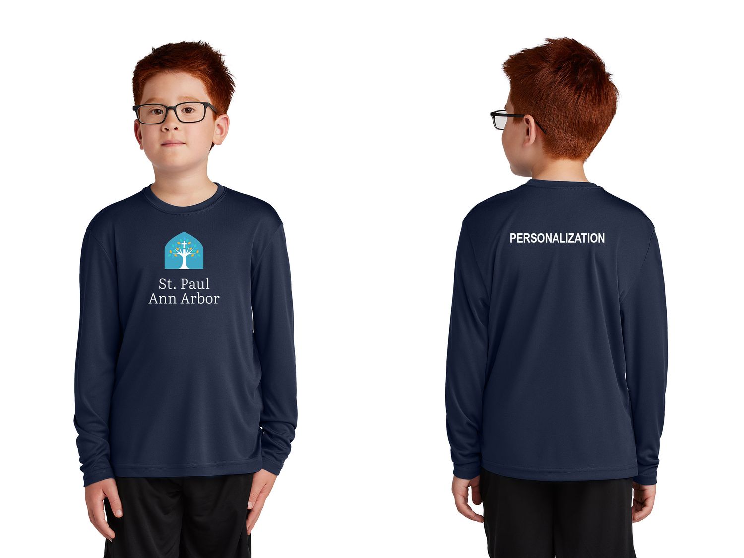 Youth Unisex Performance Long Sleeve Tee: Navy, Silver, White Youth Unisex Performance Long Sleeve Tee: Navy, Silver, White