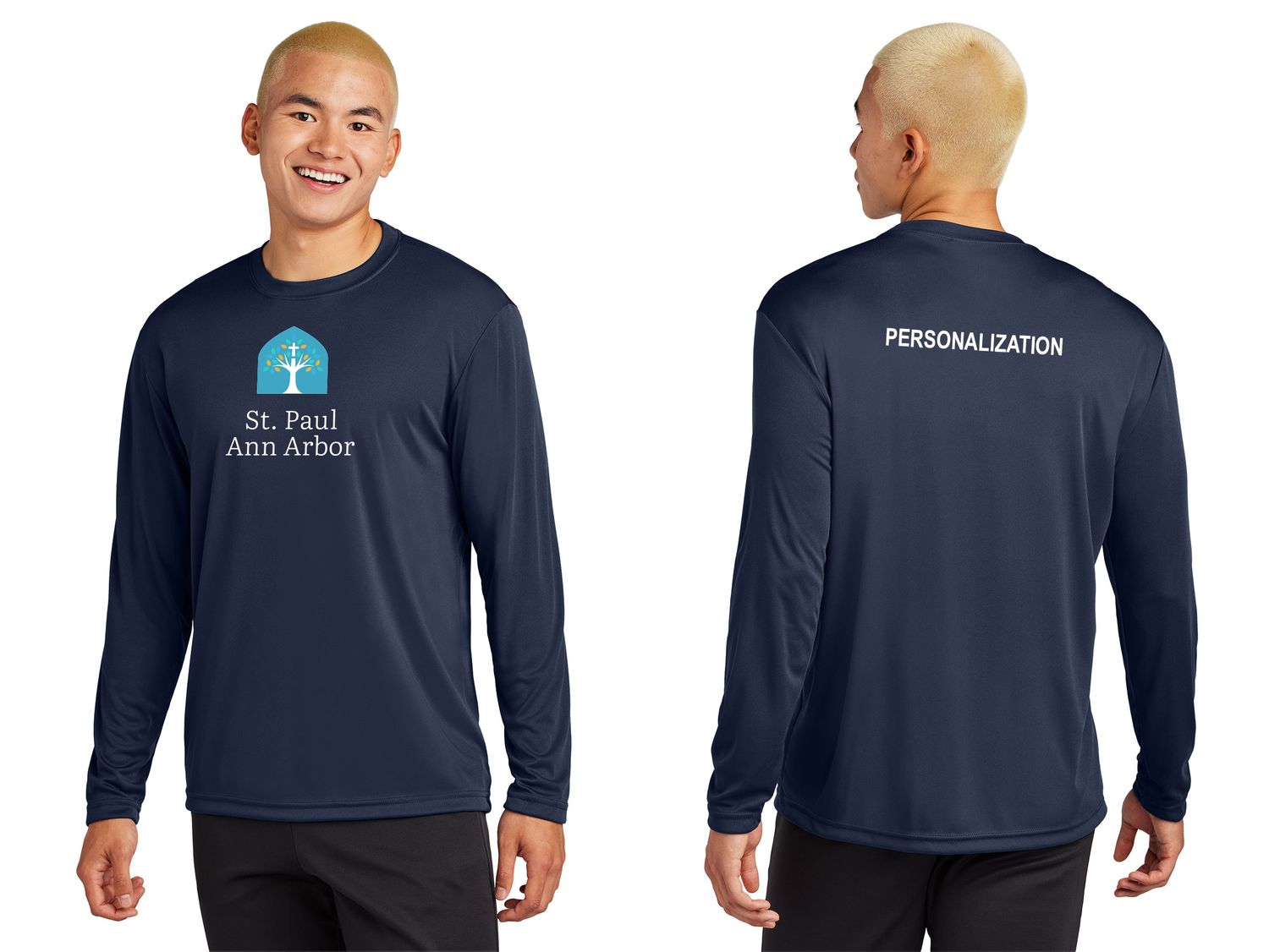 Adult Unisex Performance Long Sleeve Tee: Navy, Silver, White Adult Unisex Performance Long Sleeve Tee: Navy, Silver, White